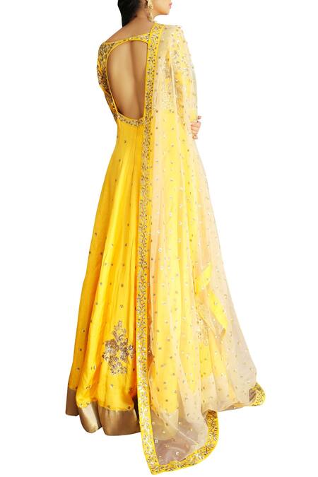 Shop_Ranian_Yellow Silk, Net Floral And Sequin Work V Neck Embellished Anarkali With Dupatta _at_Aza_Fashions