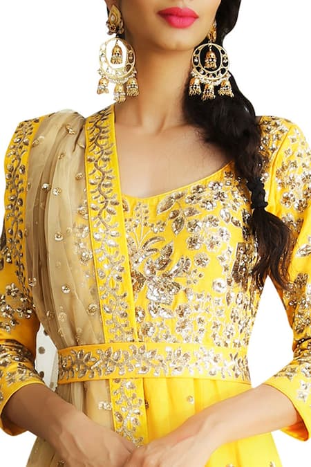 Ranian_Yellow Silk, Net Floral And Sequin Work V Neck Embellished Anarkali With Dupatta _Online_at_Aza_Fashions