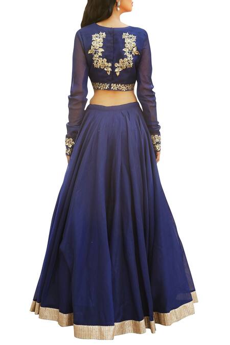Shop Ranian Blue Embroidered Blouse And Dupatta With Border Detail Lehenga at Aza Fashions Shop_Ranian_Blue Embroidered Blouse And Dupatta With Border Detail Lehenga_at_Aza_Fashions