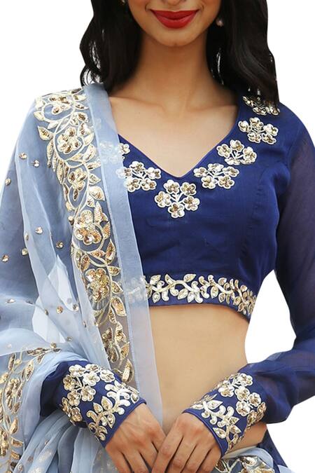 Ranian Blue Embroidered Blouse And Dupatta With Border Detail Lehenga Online at Aza Fashions Ranian_Blue Embroidered Blouse And Dupatta With Border Detail Lehenga_Online_at_Aza_Fashions