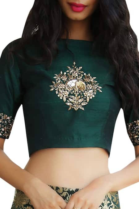 Ranian_Green Dupion Floral And Sequin Work Boat Neck Zari Brocade Kalidar Lehenga Set _Online_at_Aza_Fashions