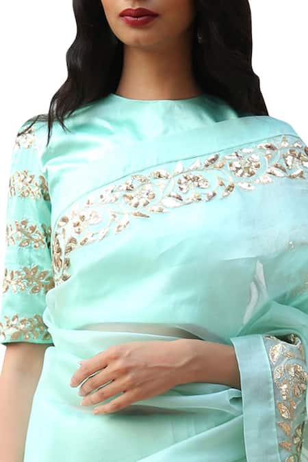 Ranian Green Organza Silk Sequin And Zari Work Boat Neck Embroidered Saree With Blouse Online at Aza Fashions Ranian_Green Organza Silk Sequin And Zari Work Boat Neck Embroidered Saree With Blouse_Online_at_Aza_Fashions
