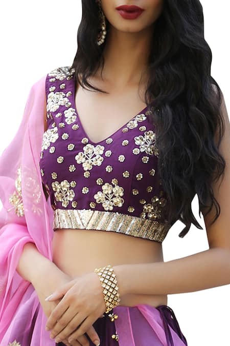 Ranian_Wine Embroidered Blouse With Lehenga And Dupatta_Online_at_Aza_Fashions