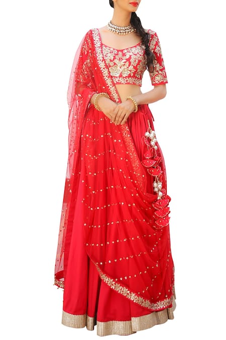 Ranian Red Chanderi Silk Embroidered Sequin Work Sweetheart Neck Lehenga Set 