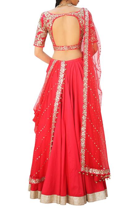 Shop_Ranian_Red Net, Chanderi Silk Sequin Work Sweetheart Neck Embroidered Lehenga Set _at_Aza_Fashions