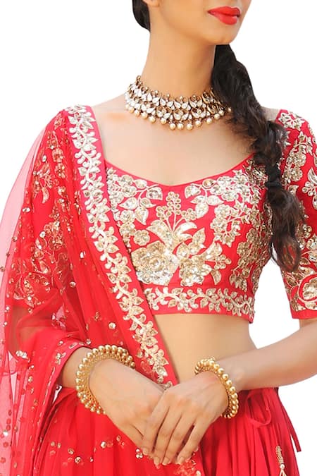 Ranian_Red Net, Chanderi Silk Sequin Work Sweetheart Neck Embroidered Lehenga Set _Online_at_Aza_Fashions
