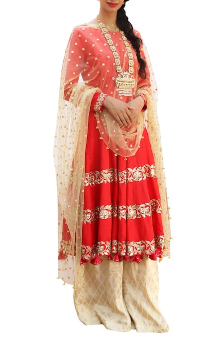 Ranian Red Silk Embroidered Sequin Work Round Neck Anarkali Set 