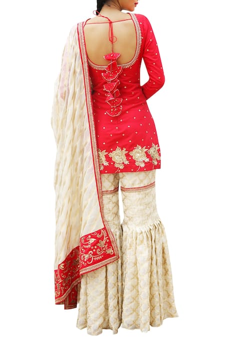 Shop_Ranian_Red Silk Blend Sequin Work Round Neck Embroidered Kurta Sharara Set_at_Aza_Fashions