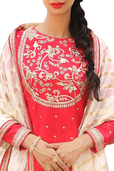 Ranian_Red Silk Blend Sequin Work Round Neck Embroidered Kurta Sharara Set_Online_at_Aza_Fashions