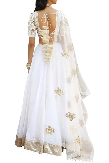 Shop_Ranian_White Net, Chanderi Silk Sequin Zari Embroidered Blouse With Lehenga And Dupatta_at_Aza_Fashions