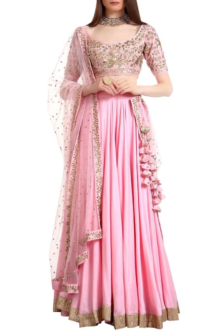 Ranian Pink Blended Silk Embroidered Sequin Bias Cut Lehenga With Blouse And Net Dupatta 