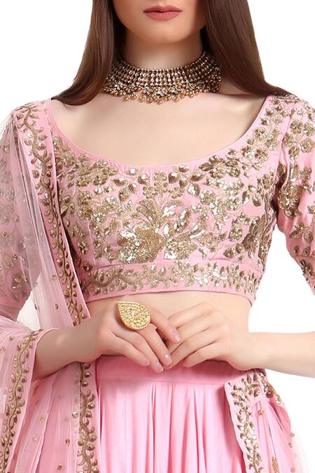 Ranian_Pink Bias Cut Lehenga With Sequin Blouse And Net Dupatta_Online_at_Aza_Fashions