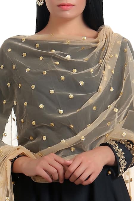 Ranian_Black Silk Sequin Work Boat Hand Embroidered Kurta With Zari Palazzos And Dupatta _Online_at_Aza_Fashions