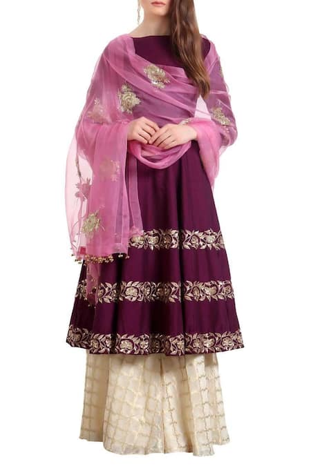 Ranian Purple Blended Silk Thread Sequin Kalidar Anarkali With Palazzos And Dupatta 