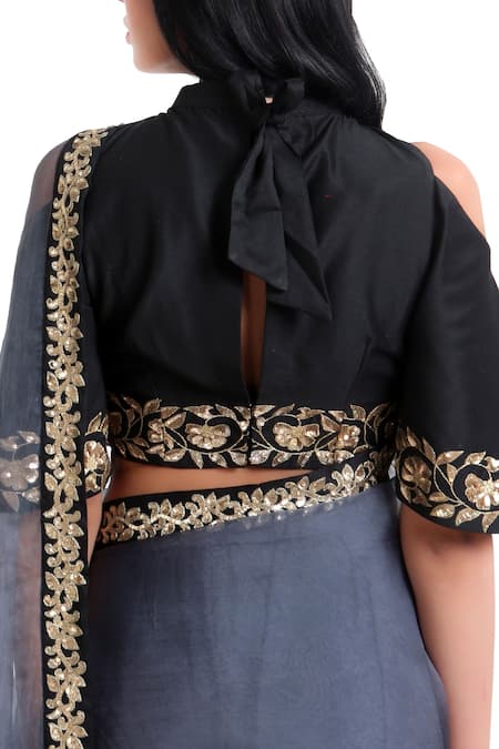 Shop_Ranian_Grey Silk, Organza Sequin Work High Neck Saree With Cold-shoulder Blouse_at_Aza_Fashions