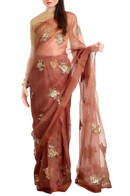 Buy Peach Pure Silk Organza Open Saree With Jacket For Women by Trisvaraa  Online at Aza Fashions.