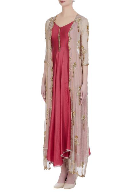 Buy_Pleats By Kaksha And Dimple_Gold Chanderi Embroidered Zardozi Work Jacket Asymmetric Anarkali With Hand_Online_at_Aza_Fashions