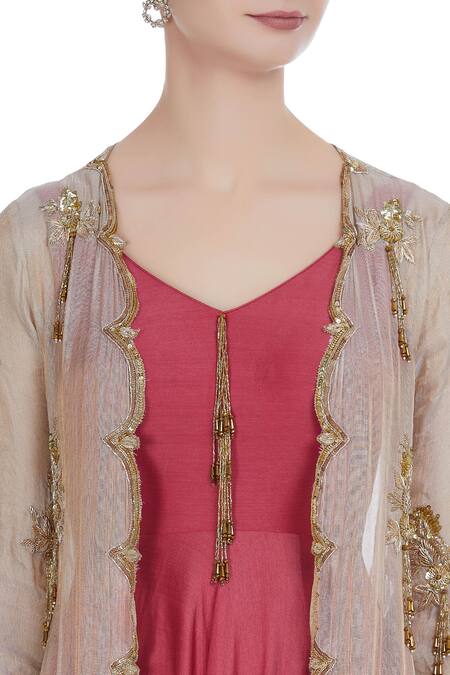 Pleats By Kaksha And Dimple_Gold Chanderi Embroidered Zardozi Work Jacket Asymmetric Anarkali With Hand_at_Aza_Fashions