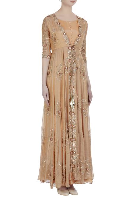 Pleats By Kaksha And Dimple_Orange Crepe Georgette Embroidered Pearl Hand Sequin And Bead With Anarkali_Online_at_Aza_Fashions