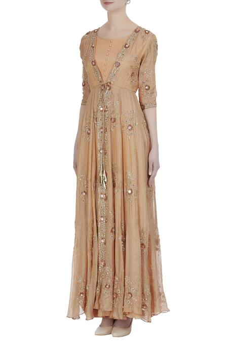 Buy_Pleats By Kaksha And Dimple_Orange Crepe Georgette Embroidered Pearl Hand Sequin And Bead With Anarkali_Online_at_Aza_Fashions