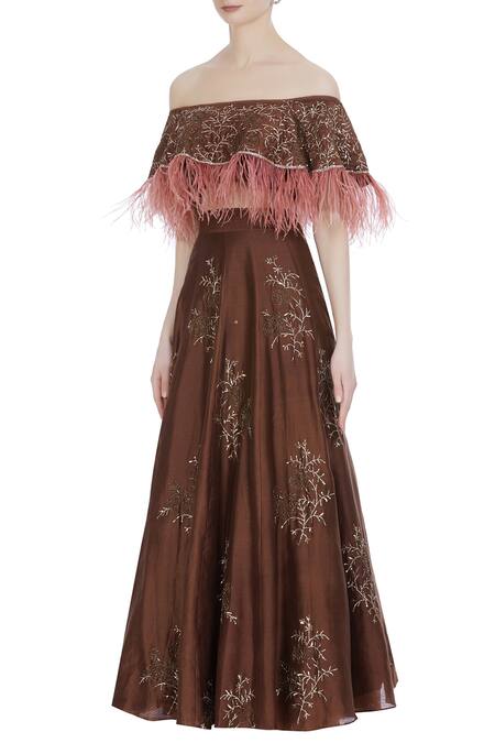 Buy_Pleats By Kaksha And Dimple_Brown Chanderi Embroidered Cut Dana Off Shoulder Feather Hand Work Lehenga Set_Online_at_Aza_Fashions