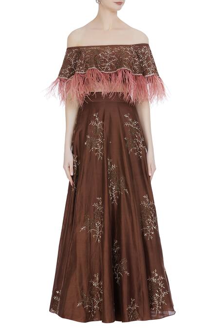 Shop_Pleats By Kaksha And Dimple_Brown Chanderi Embroidered Cut Dana Off Shoulder Feather Hand Work Lehenga Set_Online_at_Aza_Fashions