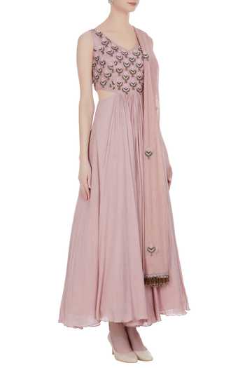 Pleats By Kaksha And Dimple_Pink Chanderi Embroidered Cut Dana V Neck Bead Hand Anarkali With Dupatta_Online_at_Aza_Fashions