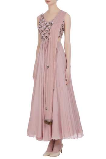 Buy_Pleats By Kaksha And Dimple_Pink Chanderi Embroidered Cut Dana V Neck Bead Hand Anarkali With Dupatta_Online_at_Aza_Fashions