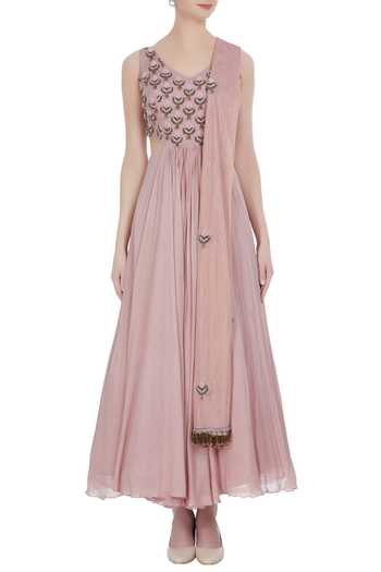 Shop_Pleats By Kaksha And Dimple_Pink Chanderi Embroidered Cut Dana V Neck Bead Hand Anarkali With Dupatta_Online_at_Aza_Fashions