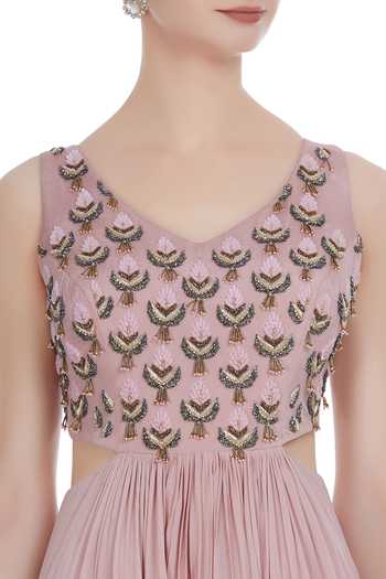 Pleats By Kaksha And Dimple_Pink Chanderi Embroidered Cut Dana V Neck Bead Hand Anarkali With Dupatta_at_Aza_Fashions