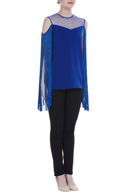 Swatee Singh_Blue Cold Shoulder Fringe Top _Online_at_Aza_Fashions
