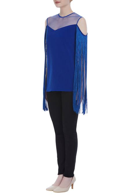 Buy_Swatee Singh_Blue Cold Shoulder Fringe Top _Online_at_Aza_Fashions