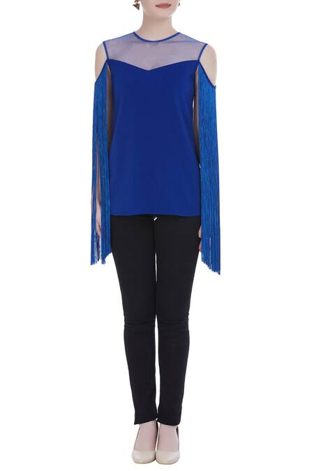 Shop_Swatee Singh_Blue Cold Shoulder Fringe Top _Online_at_Aza_Fashions