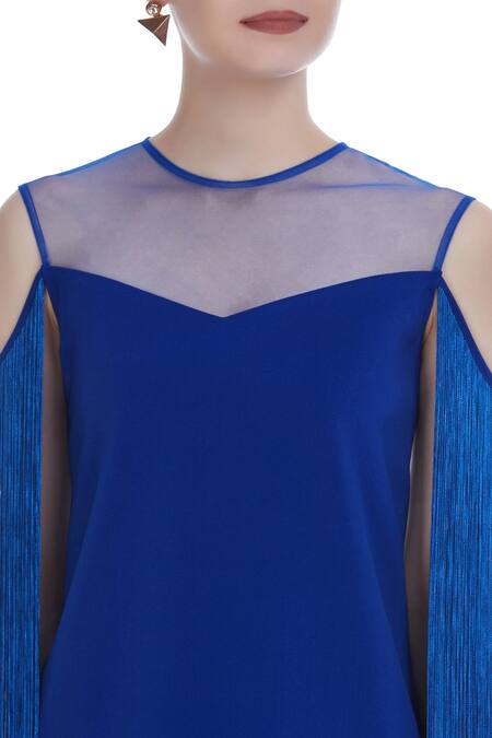 Swatee Singh_Blue Cold Shoulder Fringe Top _at_Aza_Fashions