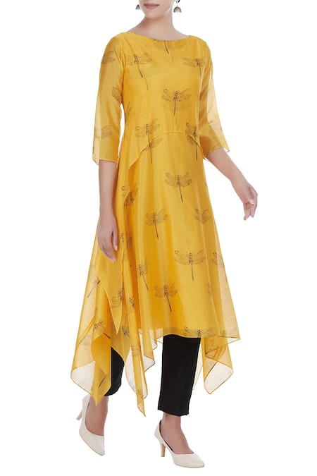 Taika by Poonam Bhagat Chanderi asymmetric tunic with dragonfly motif embroidery 