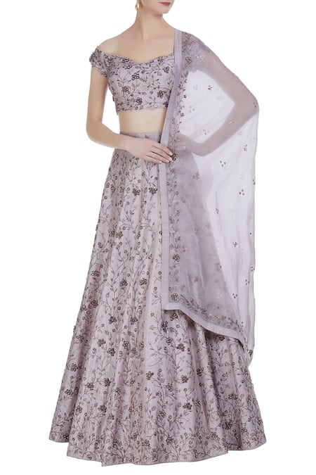 Pooja Peshoria Purple Raw Silk Embroidered Zardozi Work Off Blouse With Lehenga And Dupatta