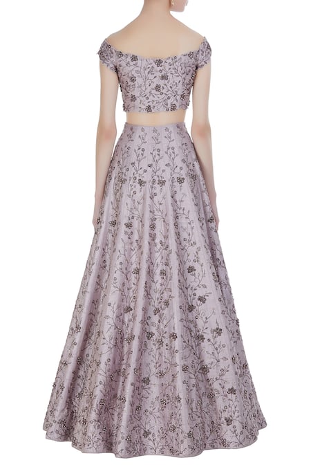 Shop Pooja Peshoria Purple Raw Silk Embroidered Zardozi Work Off Blouse With Lehenga And Dupatta at Aza Fashions Shop_Pooja Peshoria_Purple Raw Silk Embroidered Zardozi Work Off Blouse With Lehenga And Dupatta _at_Aza_Fashions