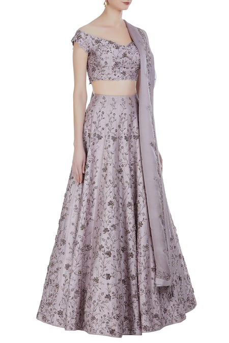 Pooja Peshoria Purple Raw Silk Embroidered Zardozi Work Off Blouse With Lehenga And Dupatta Online at Aza Fashions Pooja Peshoria_Purple Raw Silk Embroidered Zardozi Work Off Blouse With Lehenga And Dupatta _Online_at_Aza_Fashions