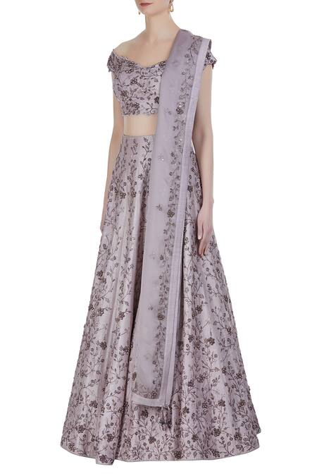 Buy Pooja Peshoria Purple Raw Silk Embroidered Zardozi Work Off Blouse With Lehenga And Dupatta Online at Aza Fashions Buy_Pooja Peshoria_Purple Raw Silk Embroidered Zardozi Work Off Blouse With Lehenga And Dupatta _Online_at_Aza_Fashions