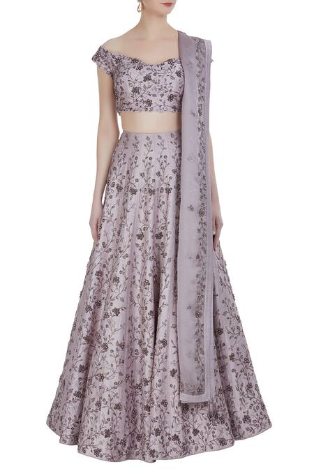 Shop Pooja Peshoria Purple Raw Silk Embroidered Zardozi Work Off Blouse With Lehenga And Dupatta Online at Aza Fashions Shop_Pooja Peshoria_Purple Raw Silk Embroidered Zardozi Work Off Blouse With Lehenga And Dupatta _Online_at_Aza_Fashions