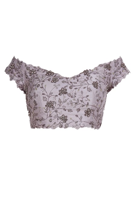 Pooja Peshoria Purple Raw Silk Embroidered Zardozi Work Off Blouse With Lehenga And Dupatta at Aza Fashions Pooja Peshoria_Purple Raw Silk Embroidered Zardozi Work Off Blouse With Lehenga And Dupatta _at_Aza_Fashions