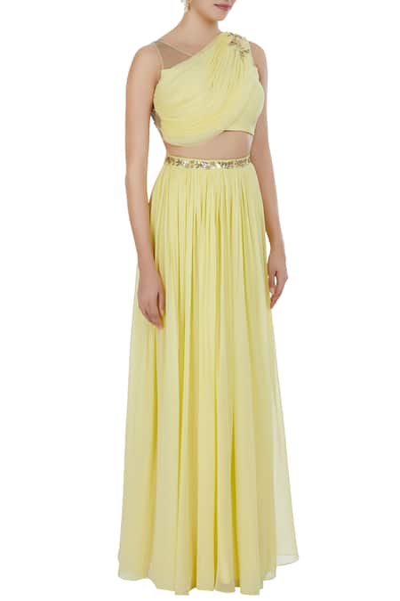Pooja Peshoria_Yellow Gorgette Cut Dana Work Embroidered Blouse With Draped Dupatta And Lehenga_Online_at_Aza_Fashions