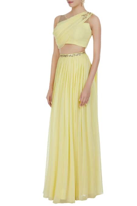 Buy_Pooja Peshoria_Yellow Gorgette Cut Dana Work Embroidered Blouse With Draped Dupatta And Lehenga_Online_at_Aza_Fashions