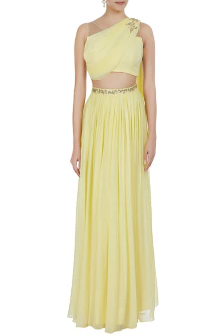 Shop_Pooja Peshoria_Yellow Gorgette Cut Dana Work Embroidered Blouse With Draped Dupatta And Lehenga_Online_at_Aza_Fashions
