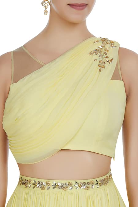 Pooja Peshoria_Yellow Gorgette Cut Dana Work Embroidered Blouse With Draped Dupatta And Lehenga_at_Aza_Fashions