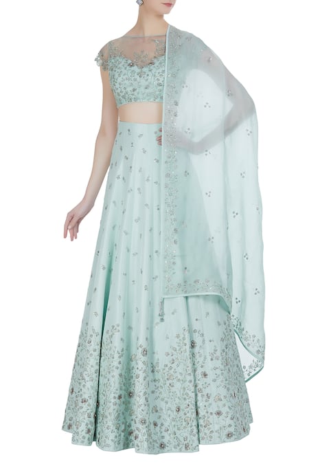 Pooja Peshoria Green Raw Silk Off Shoulder Blouse With Embroidered Lehenga And Dupatta 