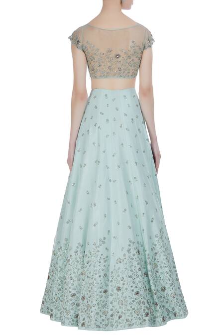 Shop Pooja Peshoria Green Raw Silk Off Shoulder Blouse With Embroidered Lehenga And Dupatta at Aza Fashions Shop_Pooja Peshoria_Green Raw Silk Off Shoulder Blouse With Embroidered Lehenga And Dupatta _at_Aza_Fashions