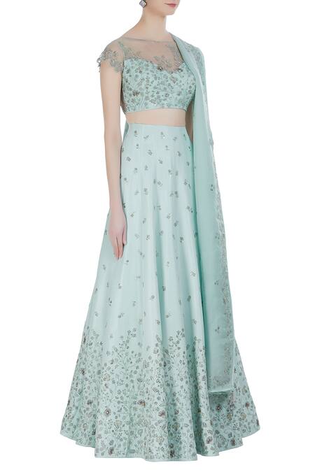 Pooja Peshoria Green Raw Silk Off Shoulder Blouse With Embroidered Lehenga And Dupatta Online at Aza Fashions Pooja Peshoria_Green Raw Silk Off Shoulder Blouse With Embroidered Lehenga And Dupatta _Online_at_Aza_Fashions