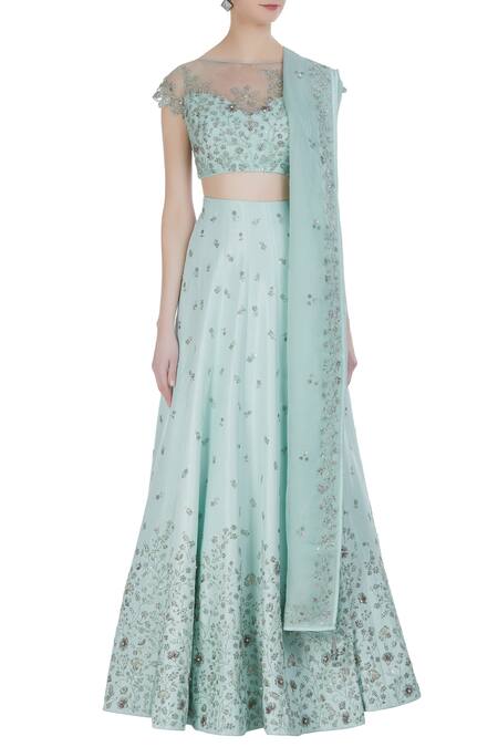 Shop Pooja Peshoria Green Raw Silk Off Shoulder Blouse With Embroidered Lehenga And Dupatta Online at Aza Fashions Shop_Pooja Peshoria_Green Raw Silk Off Shoulder Blouse With Embroidered Lehenga And Dupatta _Online_at_Aza_Fashions