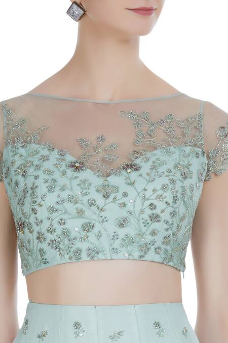 Pooja Peshoria Green Raw Silk Off Shoulder Blouse With Embroidered Lehenga And Dupatta at Aza Fashions Pooja Peshoria_Green Raw Silk Off Shoulder Blouse With Embroidered Lehenga And Dupatta _at_Aza_Fashions